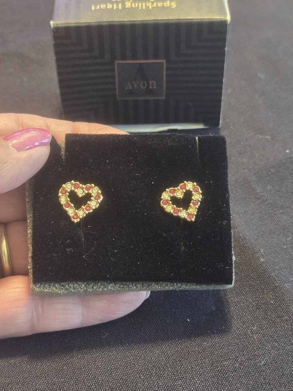 Avon Gold Heart Stud Earrings with Red Stones